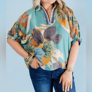 Entro Boutique Teal Blue Tropical Print Collared Lightweight Woven Summer Top